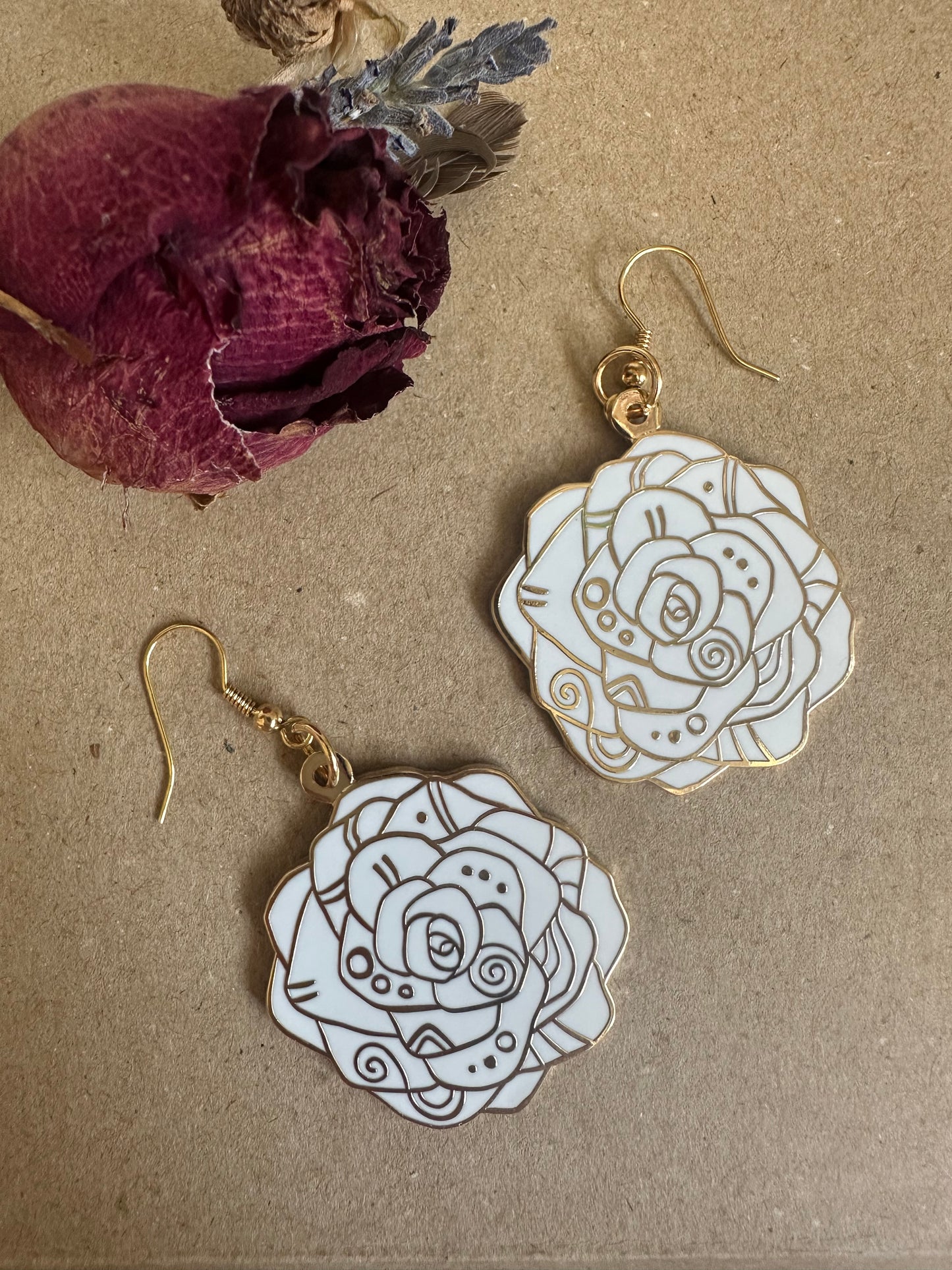 White Roses - Enamel Earrings